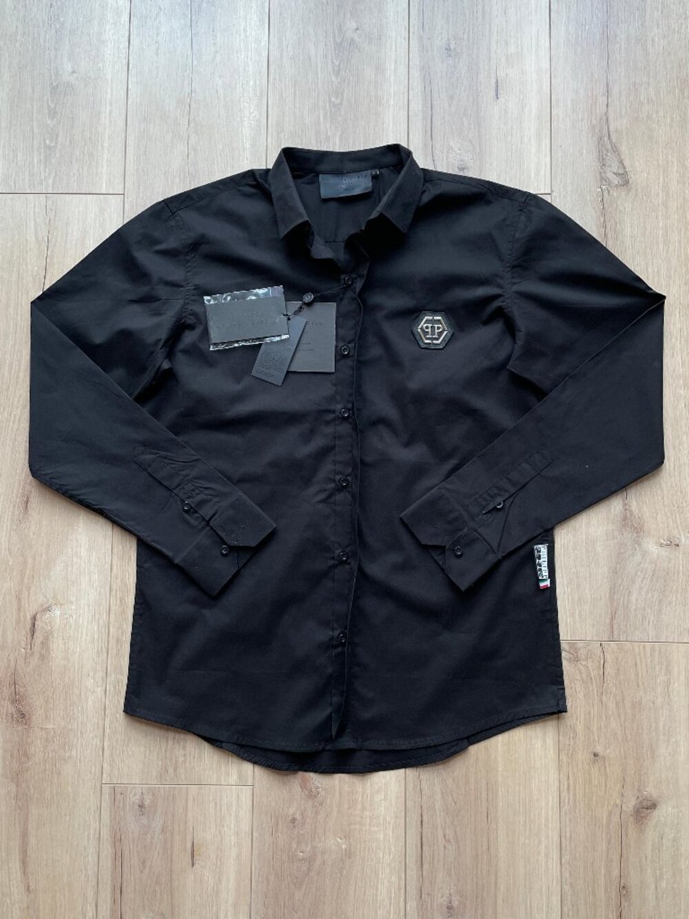 Philipp Plein Black Long Sleeve Button-Up Shirt Hexagon PP Logo Men's Size L NWT